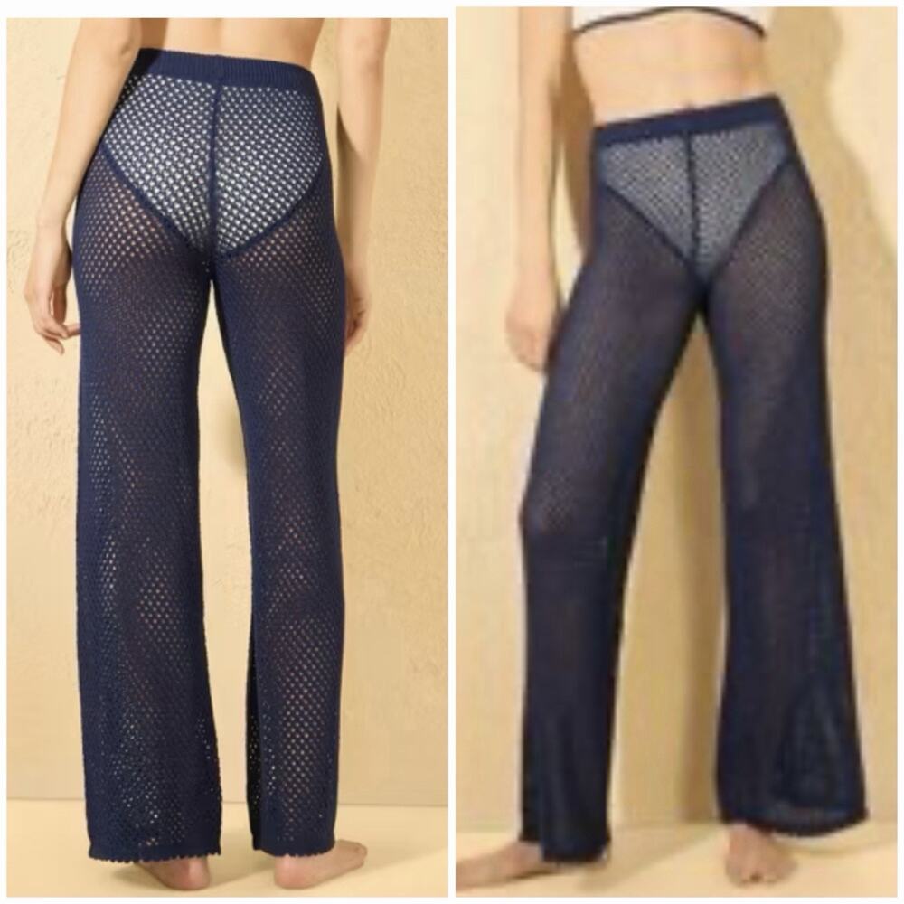 Shade & Shore Women’s XS Navy Blue Crochet Wide Leg Swim Cover Up Pants